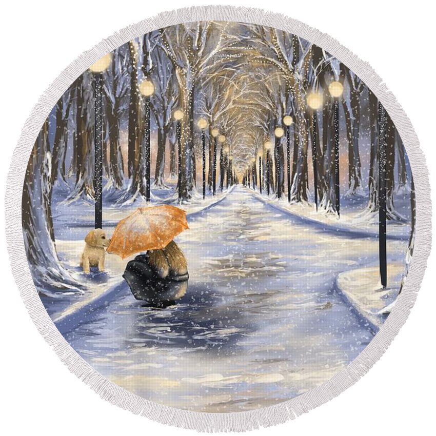 Christmas Round Beach Towel featuring the painting Come with me by Veronica Minozzi