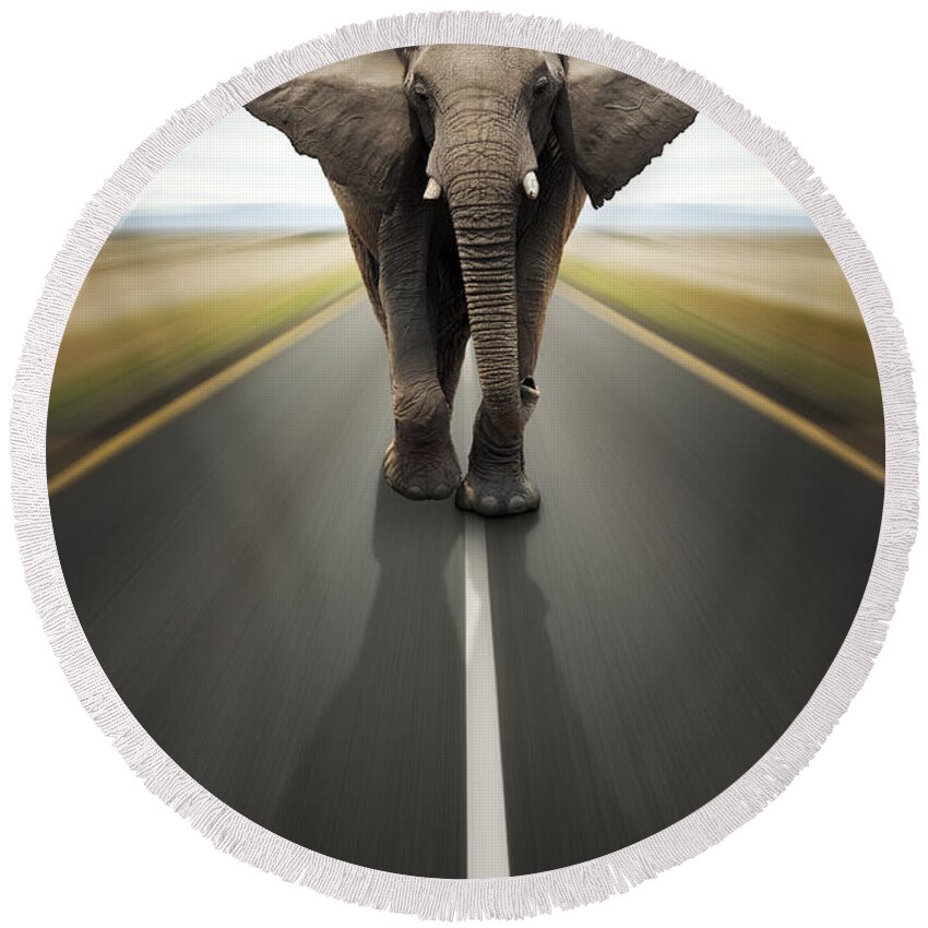 Elephant Round Beach Towel featuring the photograph Heavy duty transport / travel by road by Johan Swanepoel