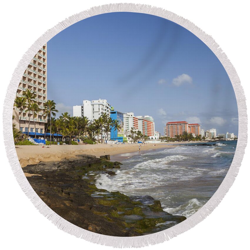 Built Structure Round Beach Towel featuring the photograph Condado Beach in San Juan Puerto Rico by Bryan Mullennix
