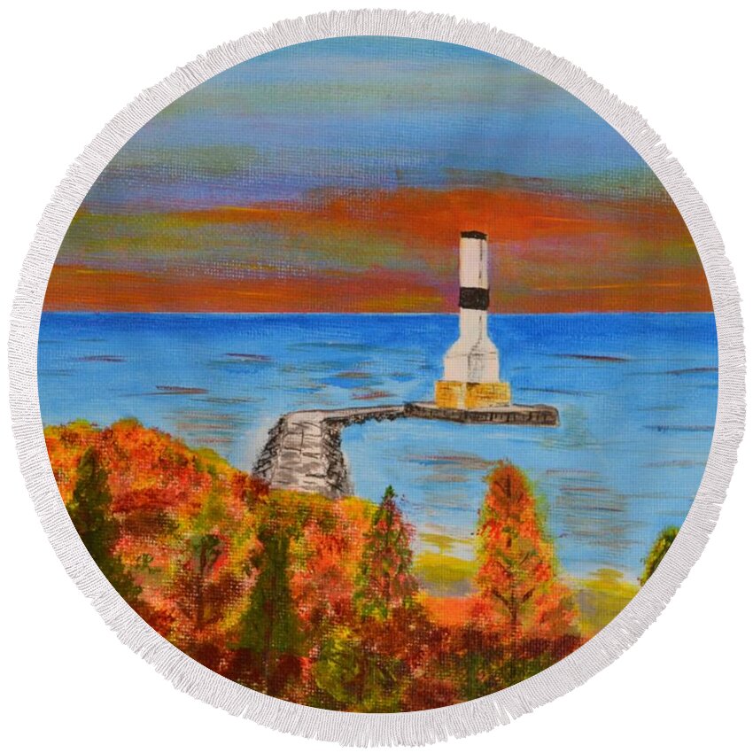 Fall Round Beach Towel featuring the painting Fall, Conneaut Ohio light house by Melvin Turner