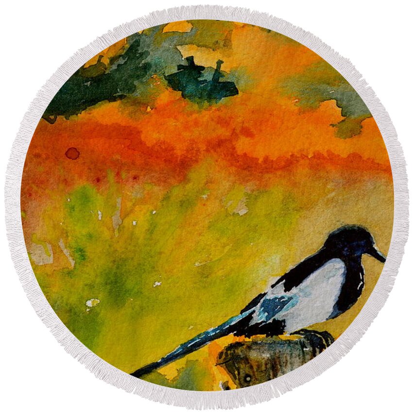 Magpie Round Beach Towel featuring the painting Consider by Beverley Harper Tinsley