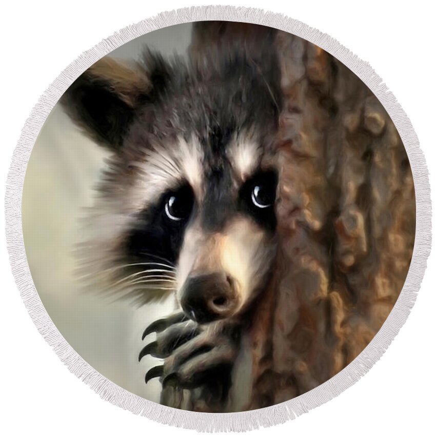 Raccoon Round Beach Towel featuring the painting Conspicuous Bandit by Christina Rollo