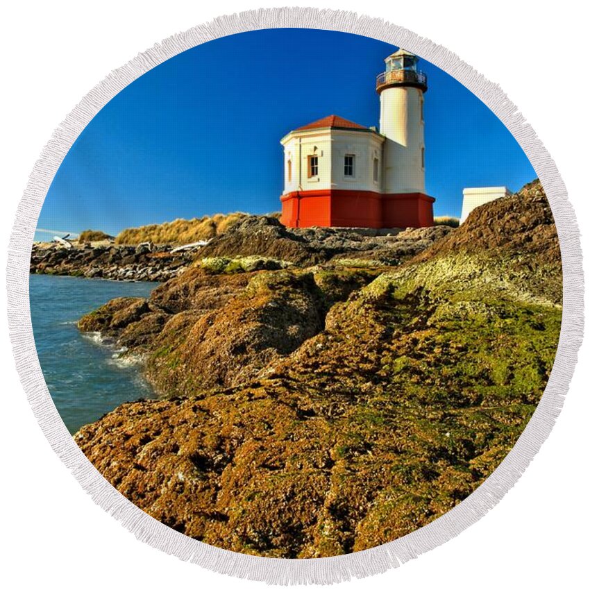 Coquille River Lighthouse Round Beach Towel featuring the photograph Coquille Lighthouse by Adam Jewell