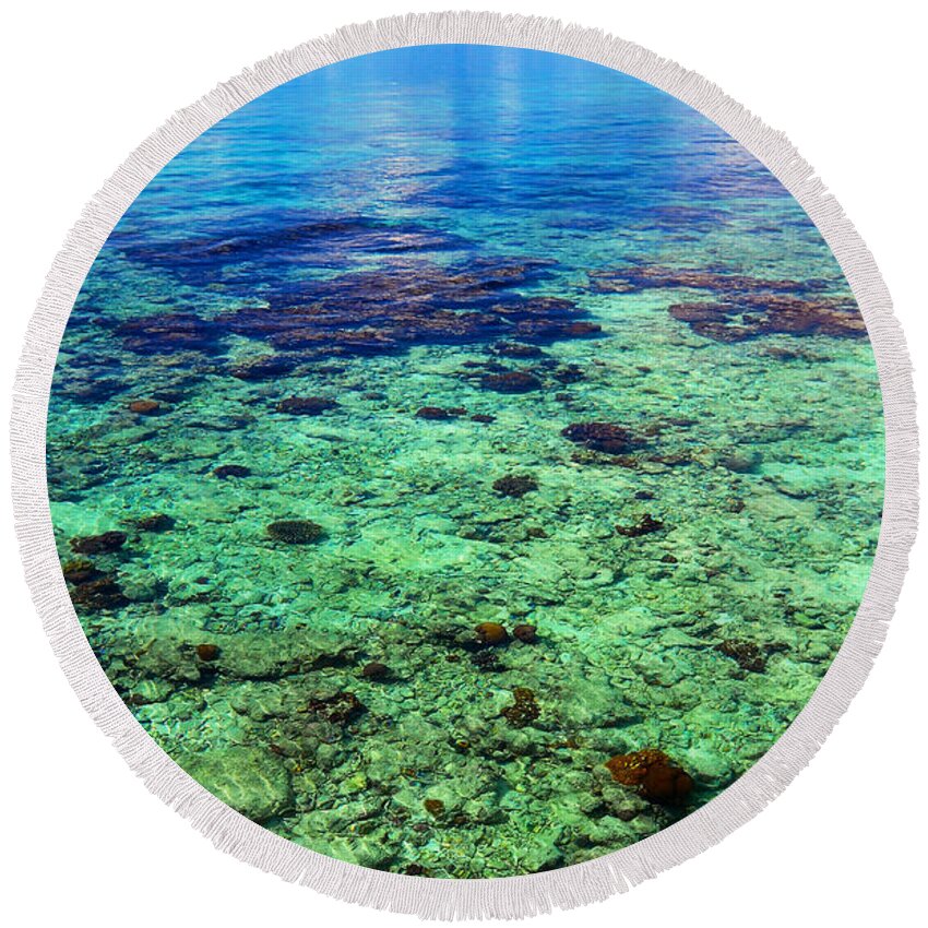 Tropic Round Beach Towel featuring the photograph Coral Reef Near the Island at Peaceful Day. Maldives by Jenny Rainbow