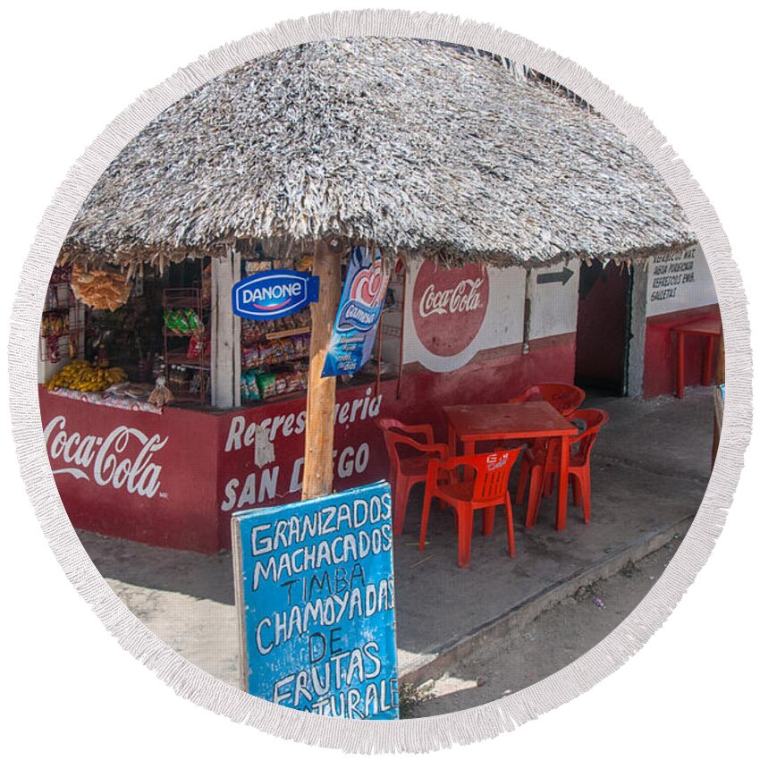 Mexico Yucatan Round Beach Towel featuring the digital art Corner Store in Rural Yucatan by Carol Ailles