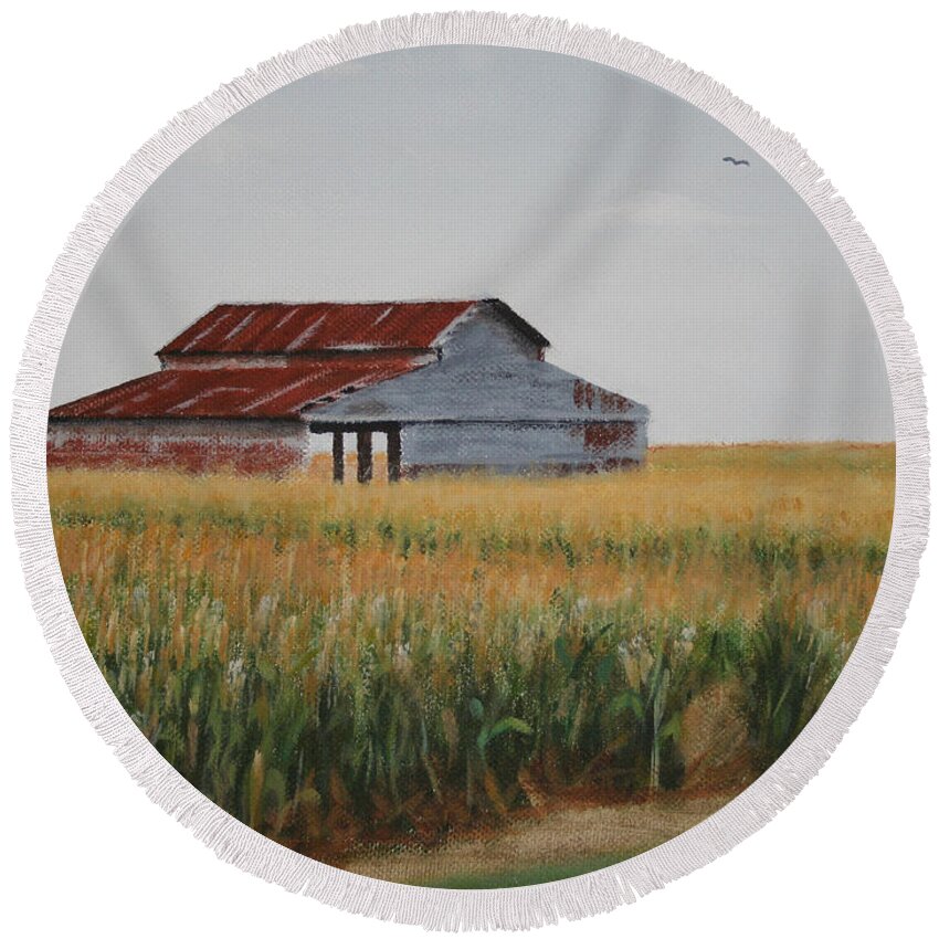 Cornfield Round Beach Towel featuring the painting Cornfield Barn by Jimmie Bartlett