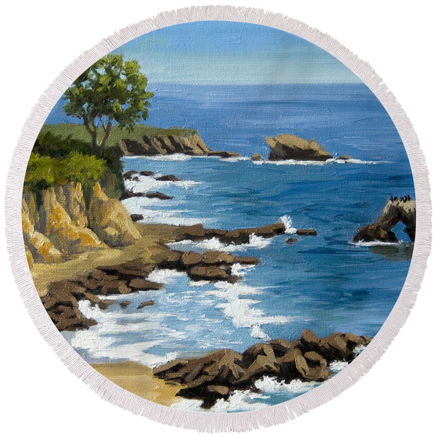 Landscape Round Beach Towel featuring the painting Corona del Mar California by Alice Leggett