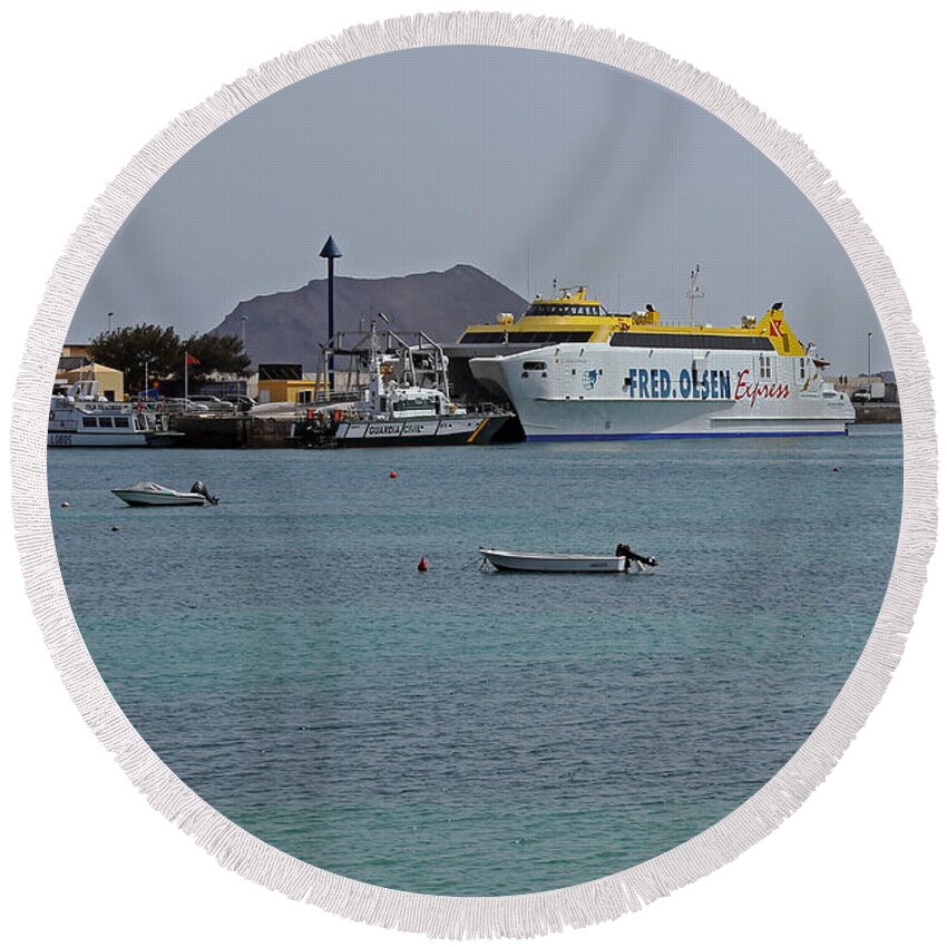 Corralejo Round Beach Towel featuring the photograph Corralejo harbour by Tony Murtagh