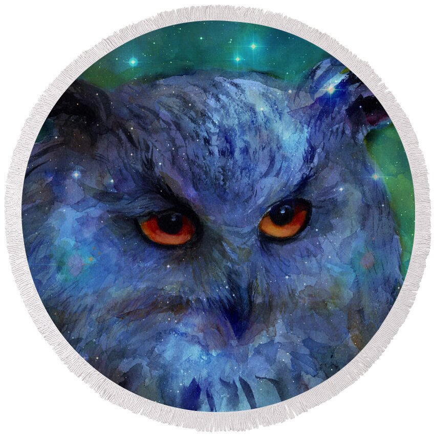 Owl Round Beach Towel featuring the painting Cosmic Owl painting by Svetlana Novikova