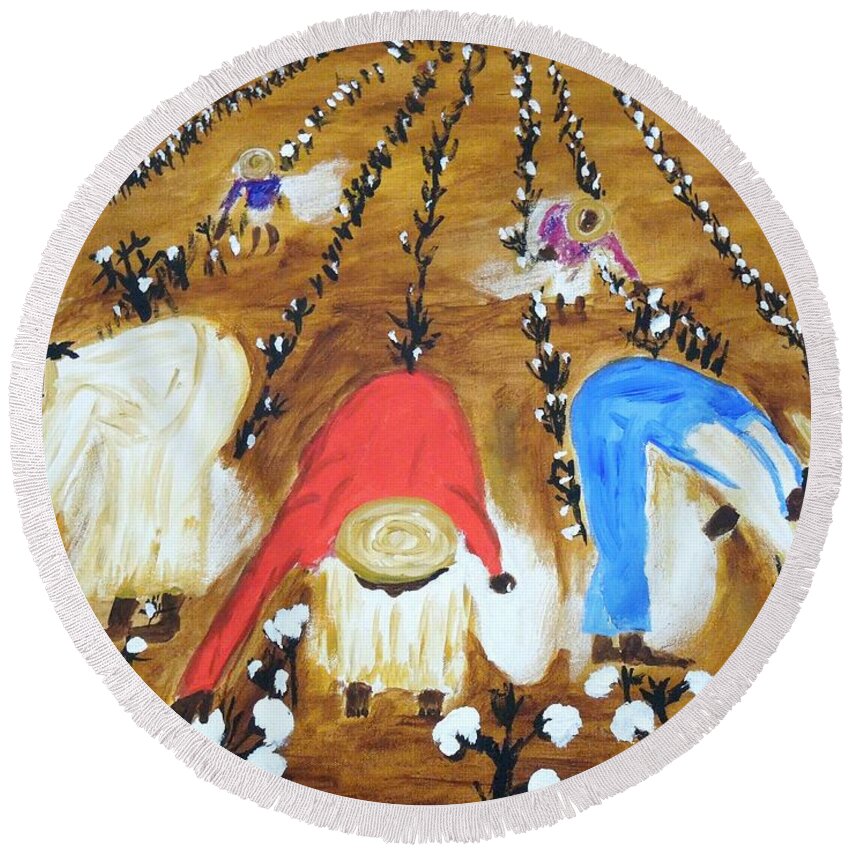 Fields Round Beach Towel featuring the painting Cotton Picking People by Randolph Gatling