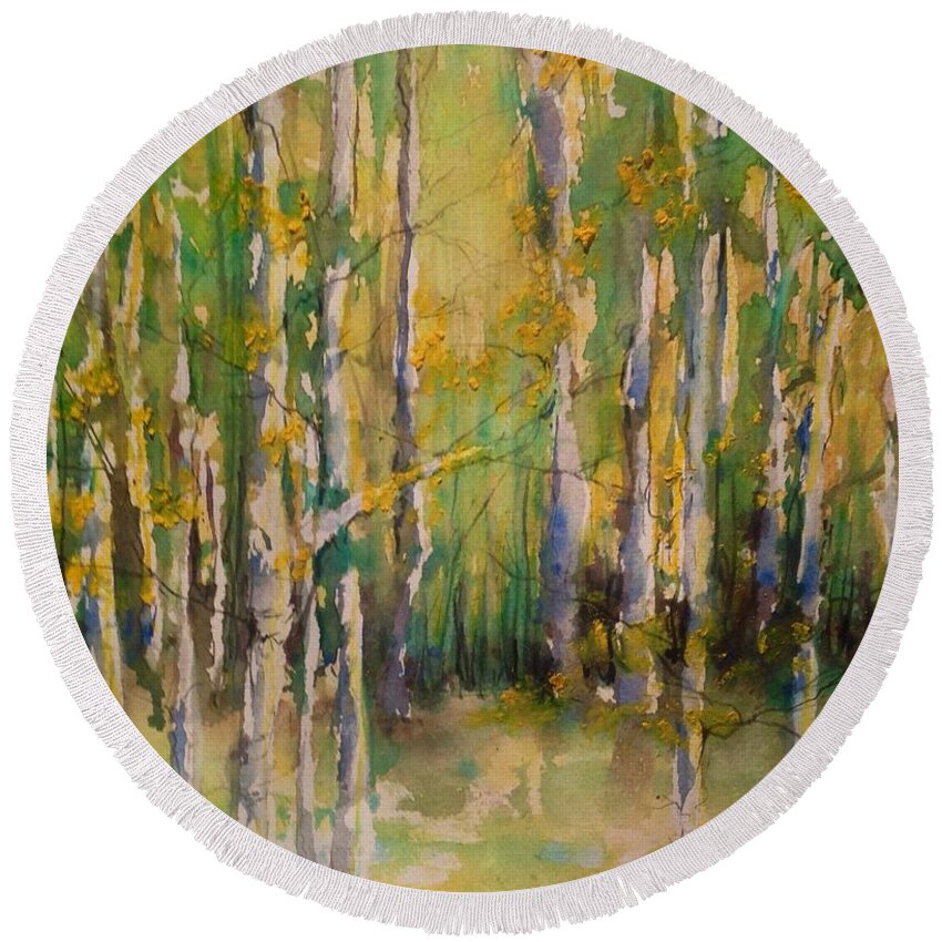 Cottonwood Trees Round Beach Towel featuring the painting Cottonwoods by Robin Miller-Bookhout