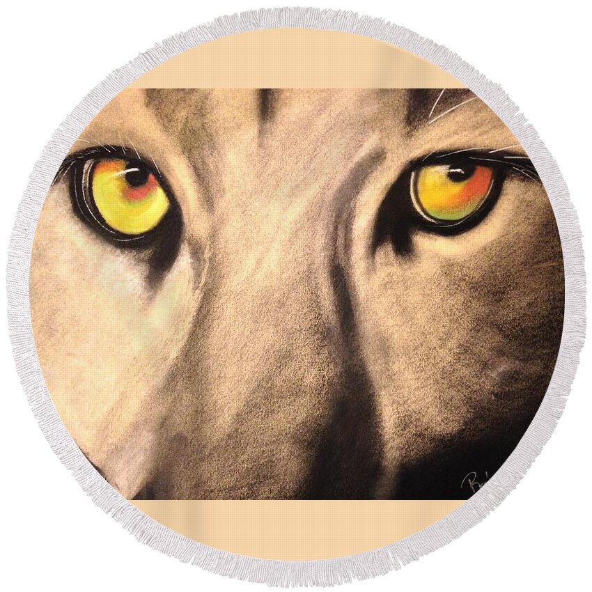 Cougar Round Beach Towel featuring the drawing Cougar Eyes by Renee Michelle Wenker