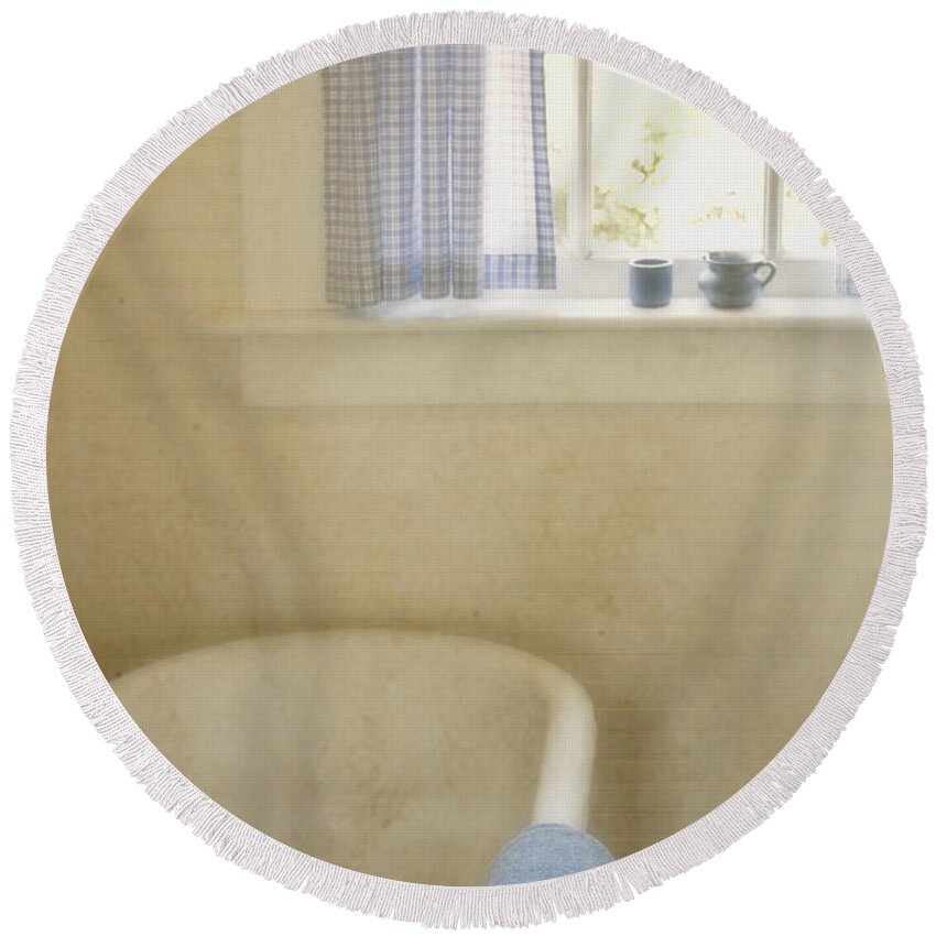 Bathroom; Tub; Bathtub; Towel; Window; Cup; Checkers; Blur; Yellow; Inside; Indoors; Interior; Bath; Empty; No One; Bright; Airy; Vintage; Claw Foot; Tub; Curtains; Drapes; Still Life; House; Home; Country Round Beach Towel featuring the photograph Country Bath by Margie Hurwich