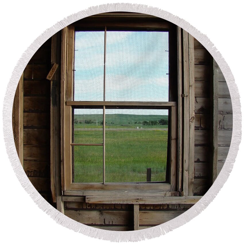 Window Round Beach Towel featuring the photograph Country Window Farm Scene by Cathy Anderson