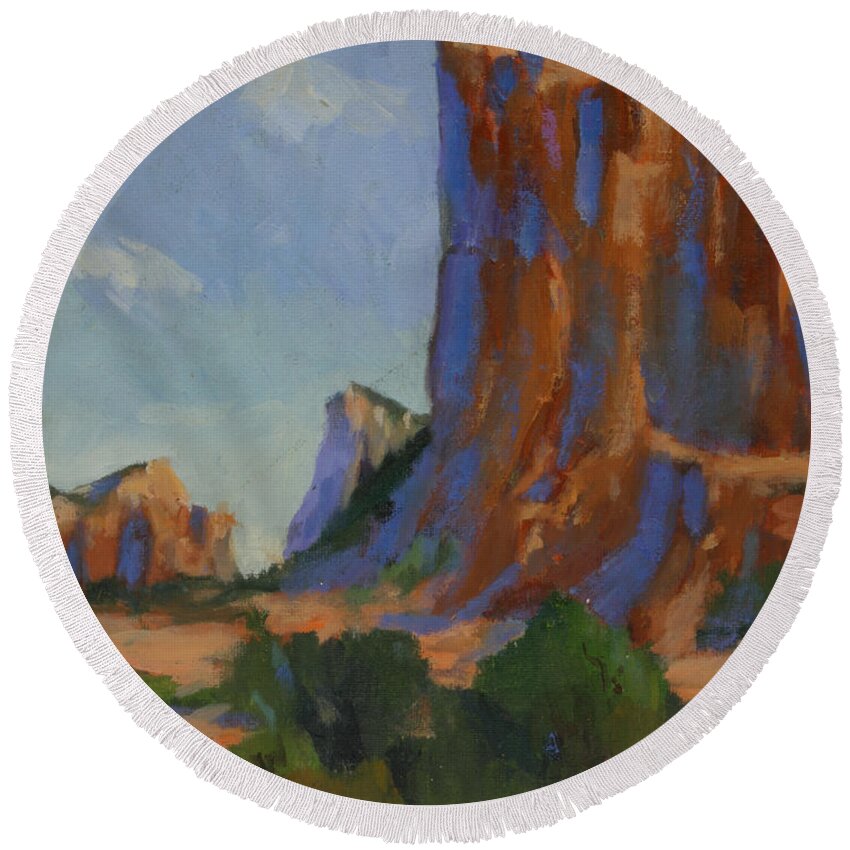 Arizona Round Beach Towel featuring the painting Courthouse Rock II by Maria Hunt