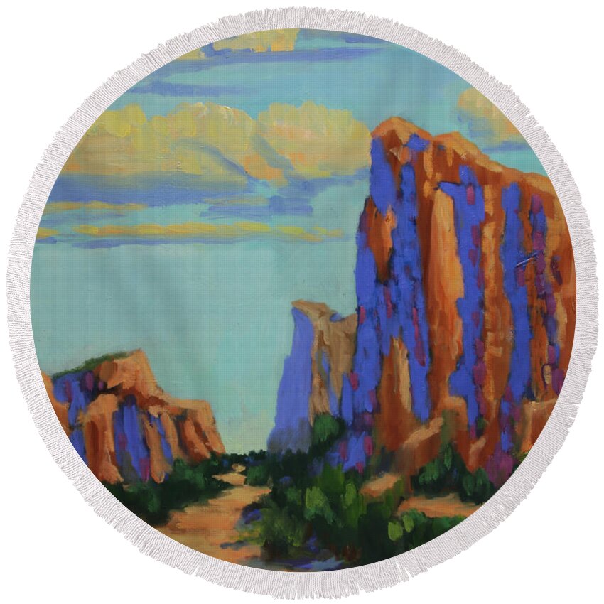 Sedona Round Beach Towel featuring the painting Courthouse Rock in Sedona by Maria Hunt