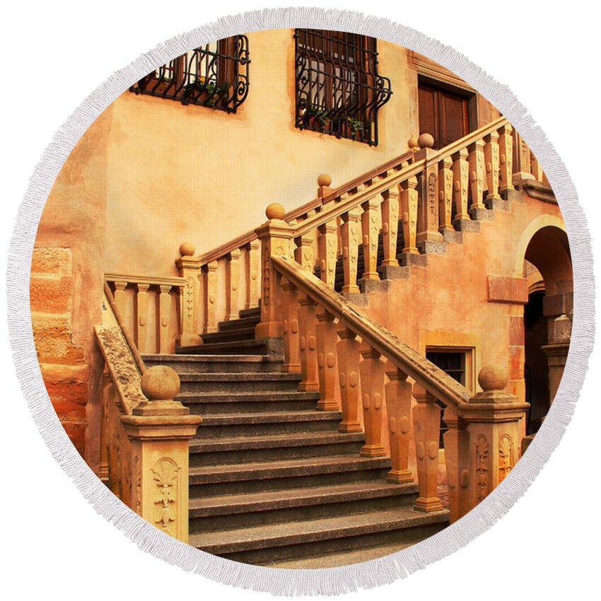 Stairway Round Beach Towel featuring the photograph Courtyard Stairway in Colmar France by Greg Matchick