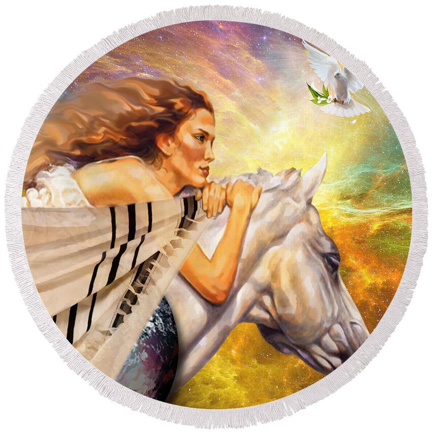 White Horse Woman Warrior Prayer Cloth Round Beach Towel featuring the digital art Covered in Prayer by Dolores Develde