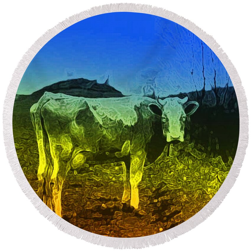 Cow Round Beach Towel featuring the digital art Cow on LSD by Cathy Anderson