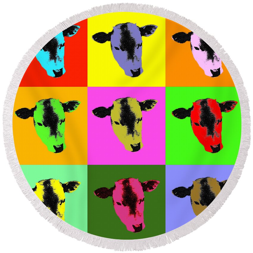 Cow Round Beach Towel featuring the digital art Cow Pop Art by Jean luc Comperat
