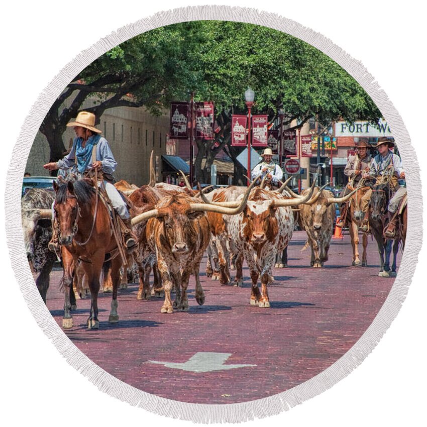 Animals Round Beach Towel featuring the photograph Cowtown Cattle Drive by David and Carol Kelly