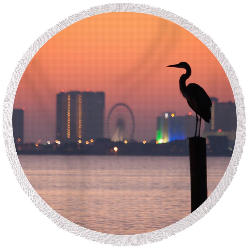 Bird Round Beach Towel featuring the photograph Crane on a Pier by Tim Stanley