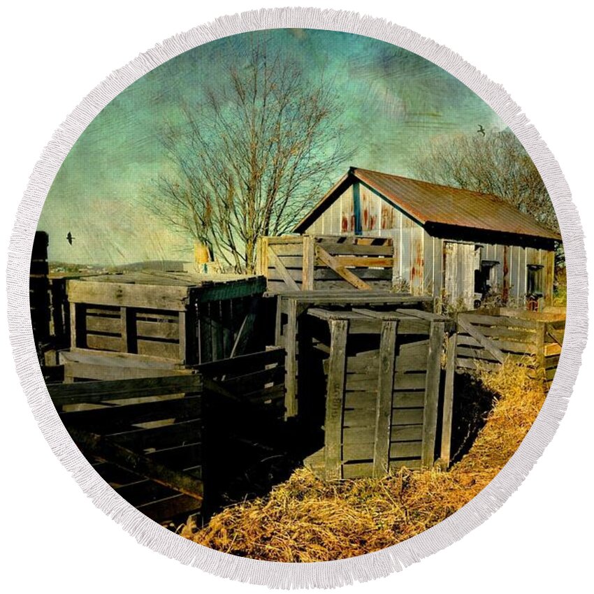 Landscape Round Beach Towel featuring the photograph Crates'n Cabin by Diana Angstadt