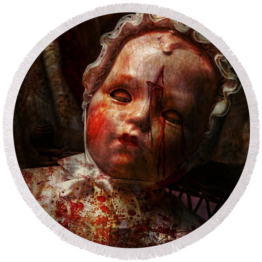 Haunted Town Round Beach Towel featuring the digital art Creepy - Doll - It's best to let them sleep by Mike Savad