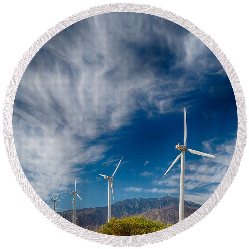 Wind Turbine Round Beach Towel featuring the photograph Creosote and Wind Turbines by Scott Campbell