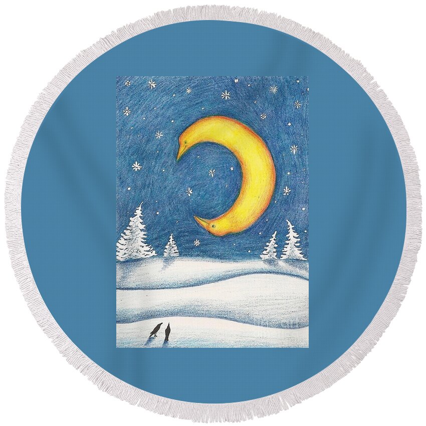 Print Round Beach Towel featuring the painting Crescent Moon by Margaryta Yermolayeva