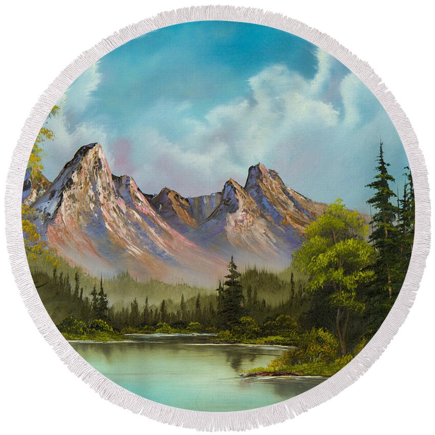 Landscape Round Beach Towel featuring the painting Crimson Mountains by Chris Steele