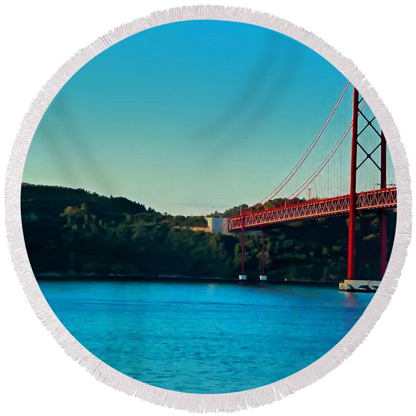 Lisbon Round Beach Towel featuring the photograph Cristo Rei and the 25 de Abril Bridge by Mitchell R Grosky