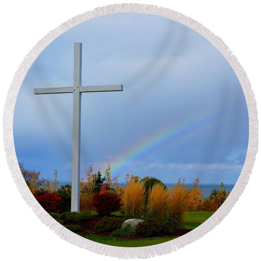 Cross Round Beach Towel featuring the photograph Cross at the End of the Rainbow by Keith Stokes