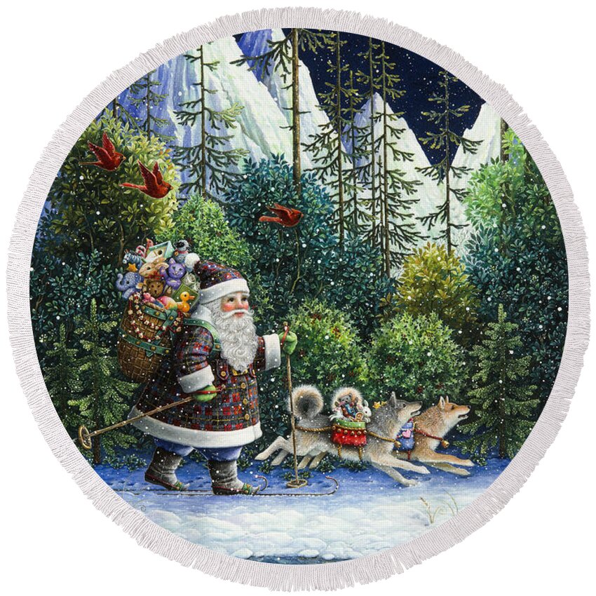 Santa Claus Round Beach Towel featuring the painting Cross-Country Santa by Lynn Bywaters