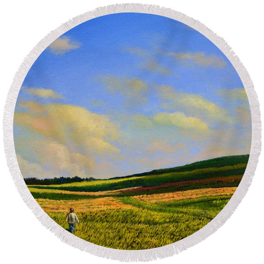 Farm Round Beach Towel featuring the painting Crossing the field by Christopher Shellhammer