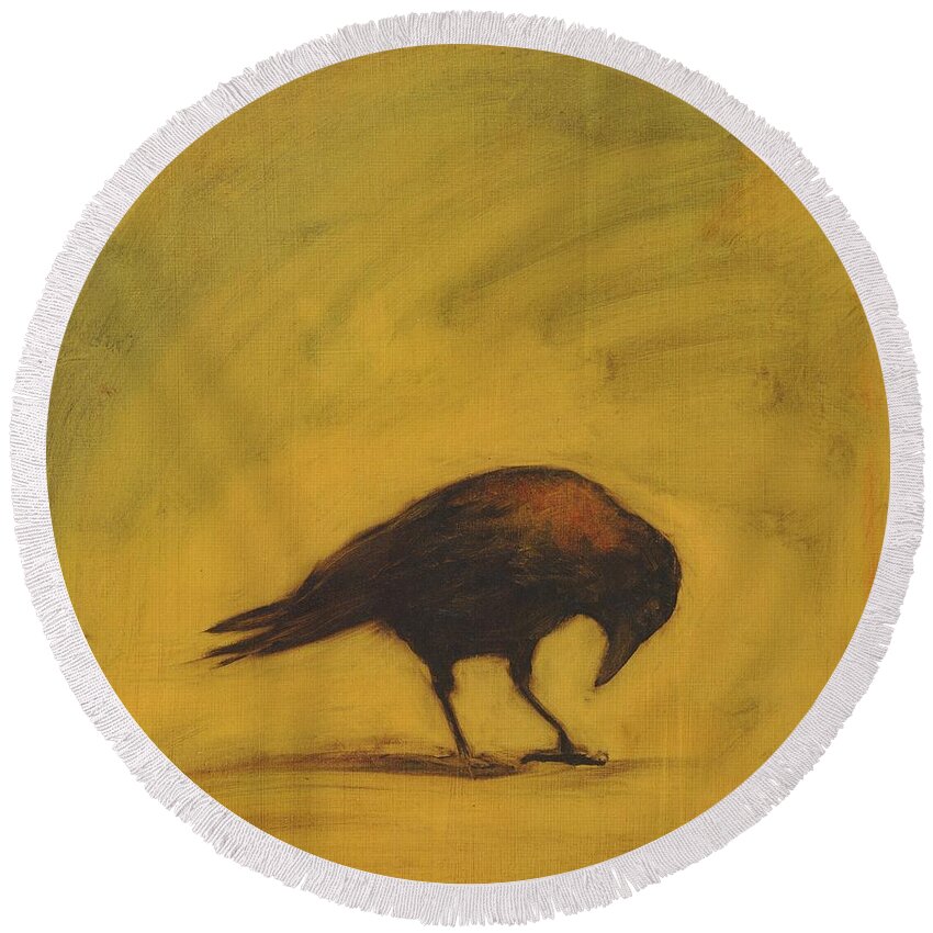 Crow Round Beach Towel featuring the painting Crow 11 by David Ladmore