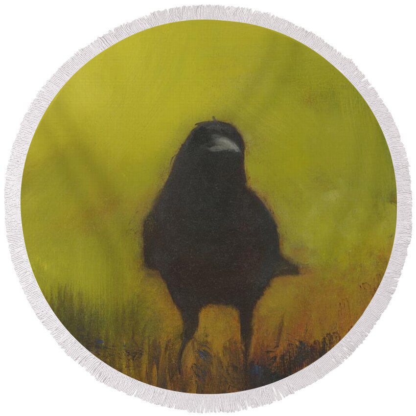 Crow Round Beach Towel featuring the painting Crow 13 by David Ladmore