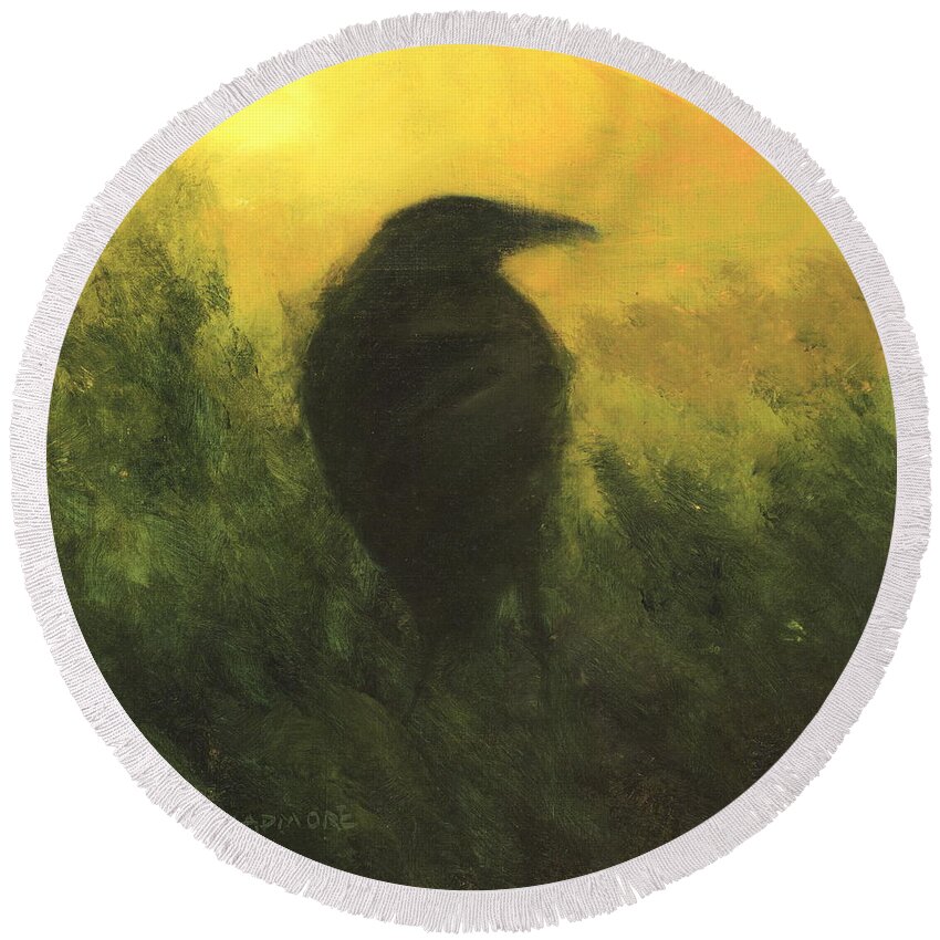 Crow Round Beach Towel featuring the painting Crow 5 by David Ladmore