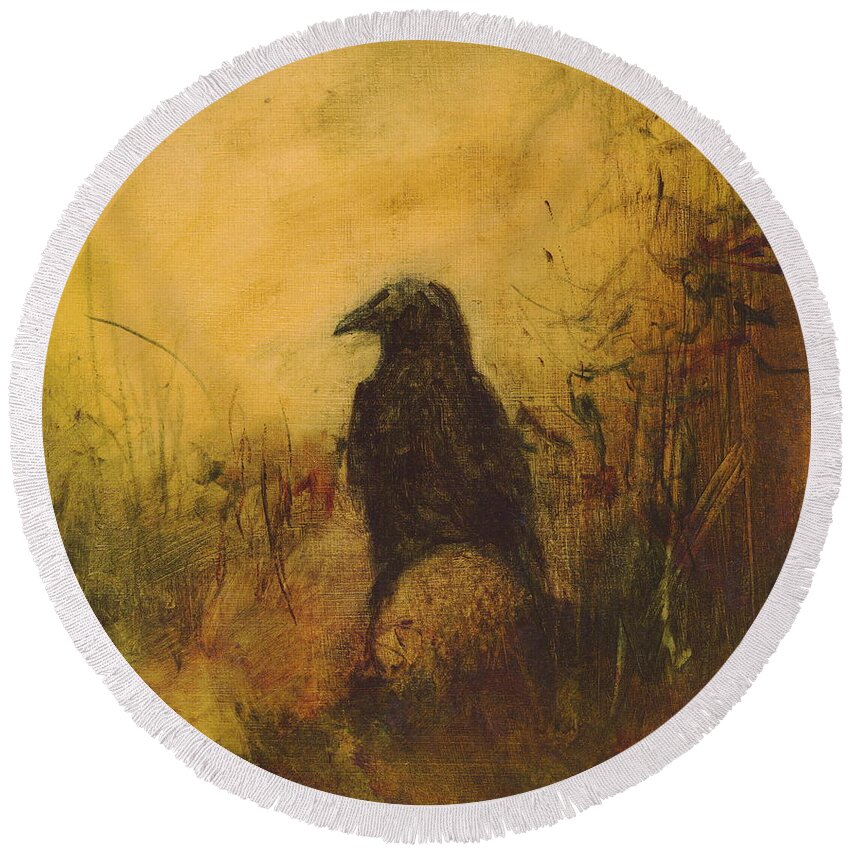 Crow Round Beach Towel featuring the painting Crow 7 by David Ladmore