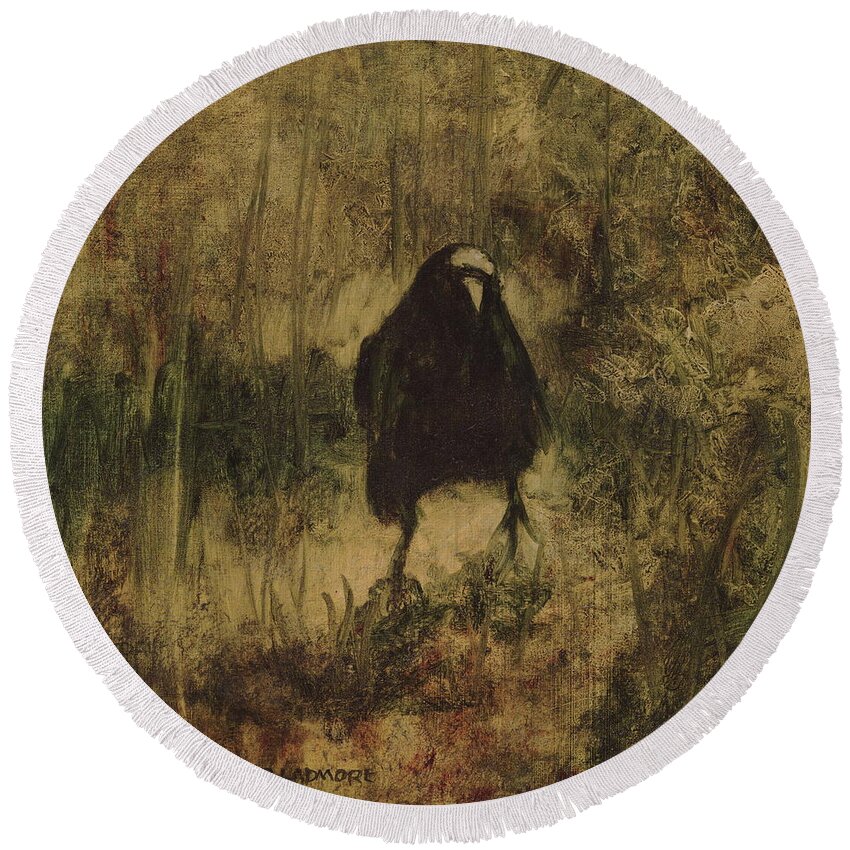 Crow Round Beach Towel featuring the painting Crow 8 by David Ladmore