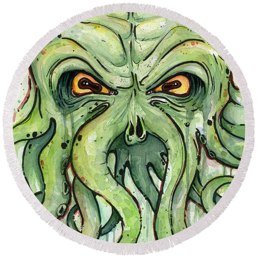 Cthulu Round Beach Towel featuring the painting Cthulhu Watercolor by Olga Shvartsur