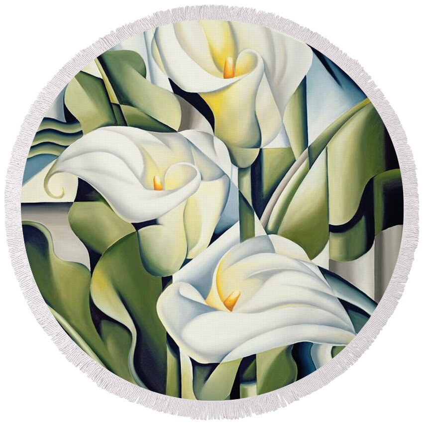 Cubist Round Beach Towel featuring the painting Cubist lilies by Catherine Abel