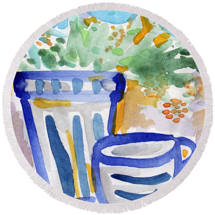 Blue And White Round Beach Towel featuring the painting Cups and Flowers- watercolor floral painting by Linda Woods