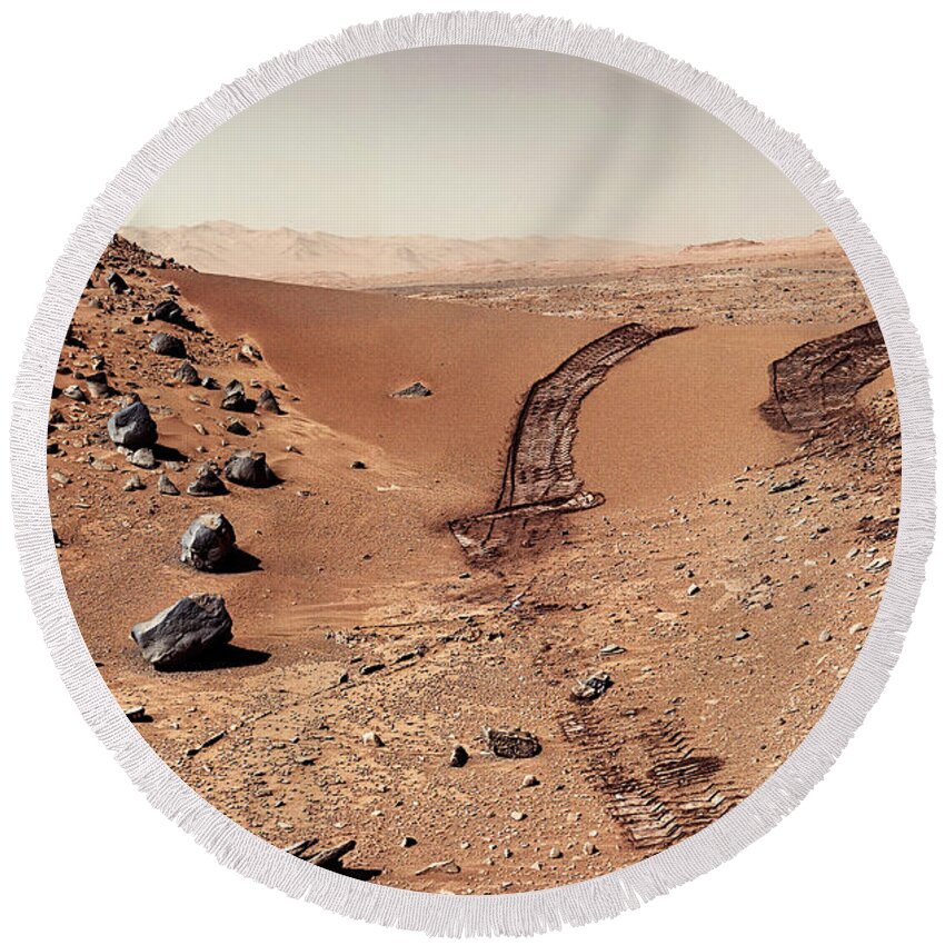 Curiosity Mars Rover Round Beach Towel featuring the photograph Curiosity tracks under the sun in mars by Weston Westmoreland