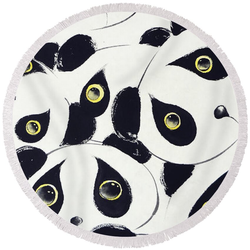 Panda Round Beach Towel featuring the painting Curiosity by Oiyee At Oystudio