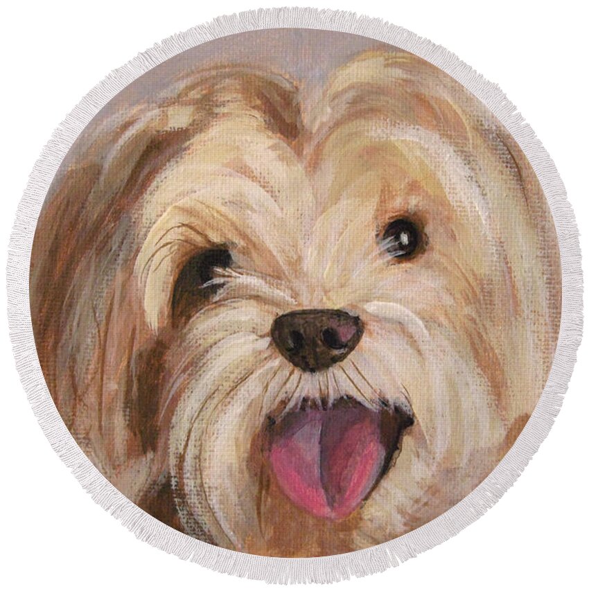 Dog Round Beach Towel featuring the painting Cute and Happy Dog Portrait by Robie Benve