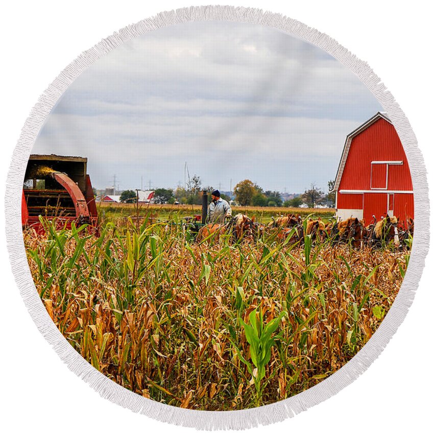 Agricultural Round Beach Towel featuring the photograph Cutting Silage by Mary Carol Story