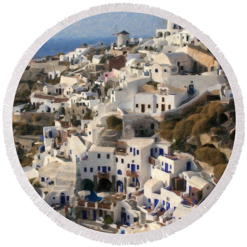 Oia Santorini Round Beach Towel featuring the painting Cyclades Grk4309 by Dean Wittle