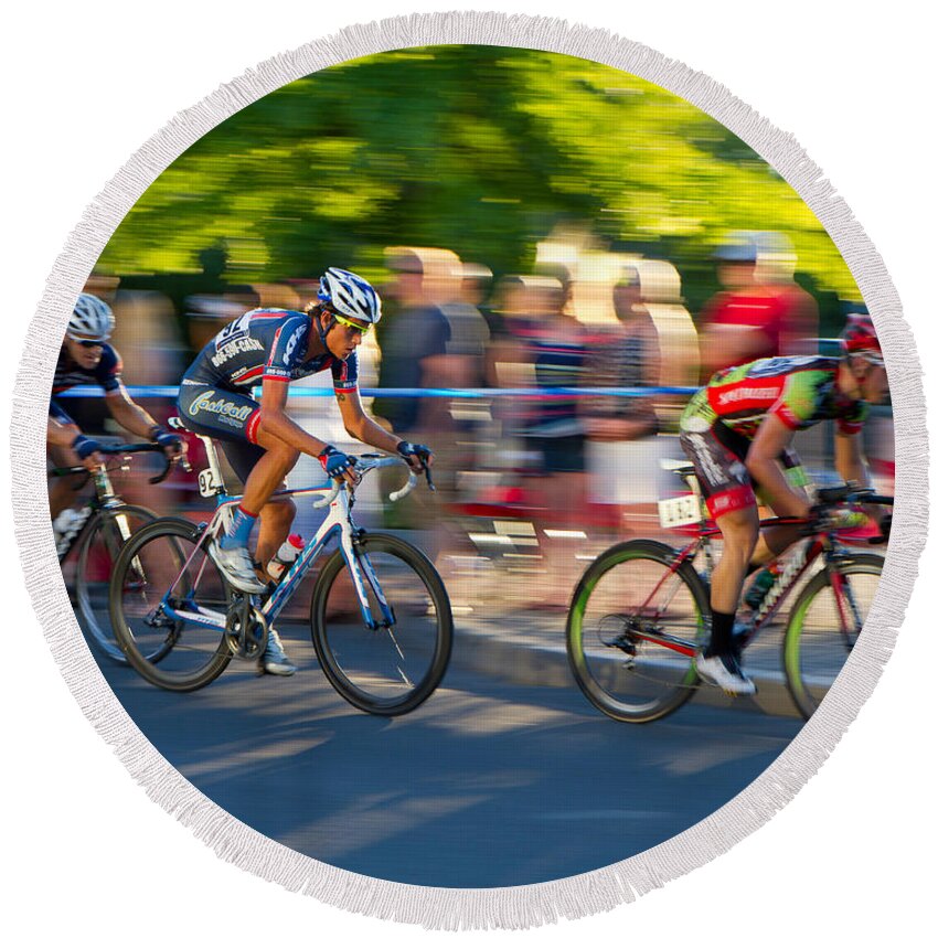 Sports Round Beach Towel featuring the photograph Cycling Pursuit by Kevin Desrosiers