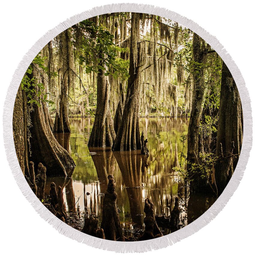 caddo Lake Round Beach Towel featuring the photograph Cypress Knees on Caddo Lake by Tamyra Ayles